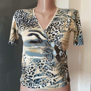Vintage Y2K Leopard Botanical Print Blouse V-Neck Stretch Animal pattern crop wrap top XS-S