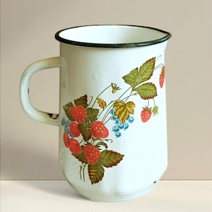 White enameled pitcher Ukrainian vintage 80s Strawberry design Enamel vase Farmhouse water jug Berry design jug Metal milk jug Enamelware