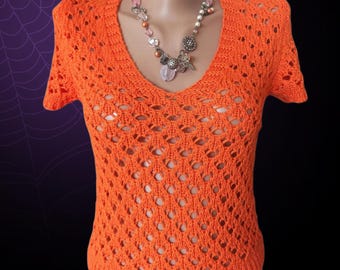 Y2K Vintage Orange Crochet Knit Top – Short Sleeve V-Neck – Sheer Openwork Mesh Sweater XS–S Boho Party Top Gift for Her