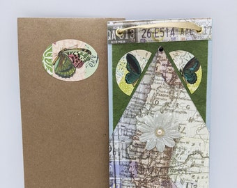 Father's Day Card No. 6-A. map, green, geometric, moths, collage card, fine art card, note card, blank card, handmade, gift, home decoration