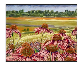 Minto Island Growers Field with Purple Coneflowers. Landscape, Purple Coneflower, Note Card, Blank Card, Fine Art Card