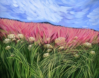 Queens Anne's Lace Pink Field, Landscape Print, Botanical Print, Fine Art Print, Contemporary Print, Landscape Painting