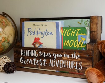 Kid's Bookshelf | "Reading Adventures" Wood Bookshelf | Kids Reading Nook | Wall/Tabletop Book Storage | Modern Nursery Children Bookshelf