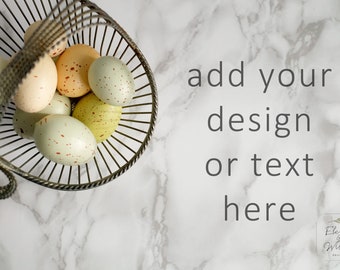 Egg Basket Flat Lay Photo, Easter Background Image, Marble Background for Designs & Text, Neutral Vintage Easter Egg Basket Stock Photo, JPG