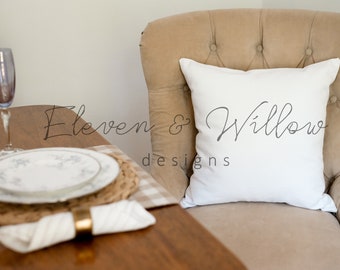 Thanksgiving Pillow Mockup, Fall Square Pillow Stock Photo, 18x18 Pillow Mock Ups, Cozy Styled Pillow Mockups Dining, Real Photo Mockup JPG