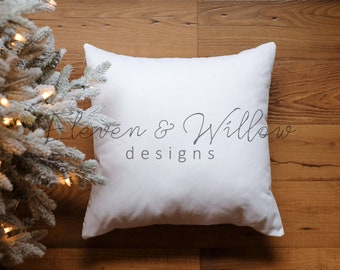 Christmas Pillow Mockup: 18x18 Square Pillow, Styled Flat Lay (JPG)