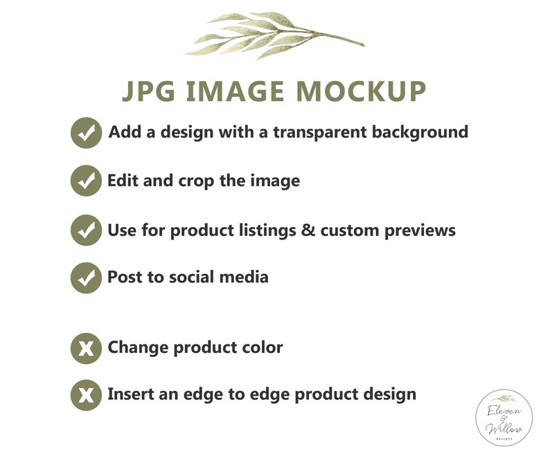 May include: A checklist of ways to use a JPG image mockup, including adding a design with a transparent background, editing and cropping the image, using it for product listings and custom previews, and posting it to social media. The checklist also includes two things you can't do with a JPG image mockup: change product color and insert an edge-to-edge product design.