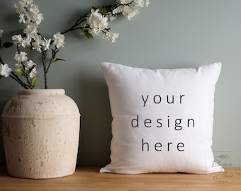 Spring Pillow Mockup, Mothers Day Pillow Mockup, 18x18 Pillow Mock Ups Easter, Floral Mockup Pillow, Neutral Styled Pillow Stock Photo, JPG
