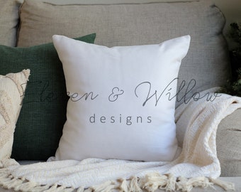 Cozy Christmas pillow mockup on couch, pillow mockup Christmas green & beige, transitional Christmas styled pillow mockup canva, JPG