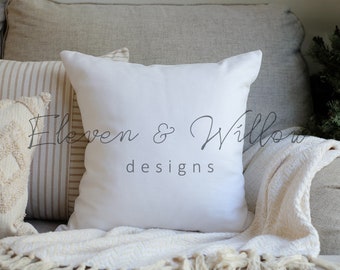 Neutral Christmas pillow mockup on couch, pillow mockup Christmas, cozy transitional Christmas styled pillow mockup canva, JPG File