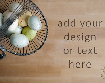 Easter Background Image, Spring Eggs Basket Flat Lay, Wood Background for Designs & Text, Neutral Vintage Easter Egg Basket Stock Photo, JPG