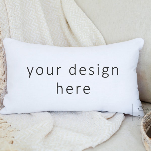 Cozy Styled Rectangle Pillow Mockup, Lumbar Pillow Stock Photo, 12x20 Pillow Mock Ups, Sublimation Pillow, Lifestyle POD Mockup, JPG