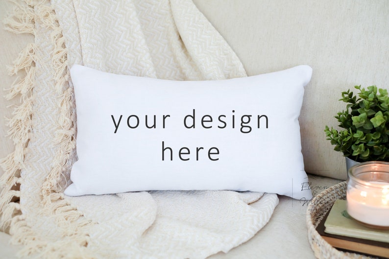 Cozy Styled Rectangle Pillow Mockup, Lumbar Pillow Stock Photo, 12x20 Pillow Mock Ups, Sublimation Pillow, Lifestyle POD Mockup, JPG image 1