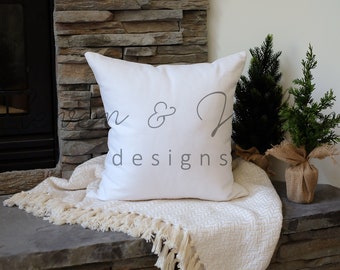 Christmas pillow mockup on hearth, neutral pillow mockup Christmas fireplace, cozy Christmas styled pillow mockup canva, JPG File