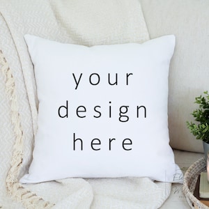 Cozy Styled Pillow Mockup, White Pillow Mockup, 18x18 Square Pillow Mock Ups, POD Sublimation Pillow Mockup, Pillow Stock Photo, JPG