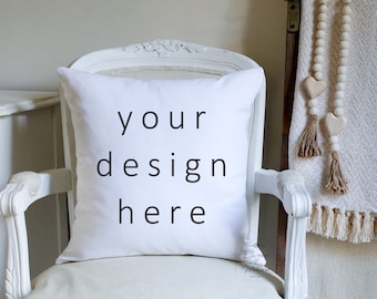 Valentines Pillow Mockup, Styled Pillow Mockup, 18x18 Square Pillow Mock Ups, Valentines Mockup, Farmhouse Pillow on Chair Stock Photo, JPG