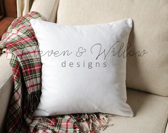 Christmas Pillow Mockup: 18x18 Square Pillow on Couch (JPG)