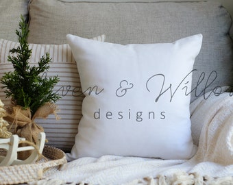 Neutral Christmas pillow mockup on couch, cozy pillow mockup Christmas with green and gold, Christmas styled pillow mockup canva, JPG File