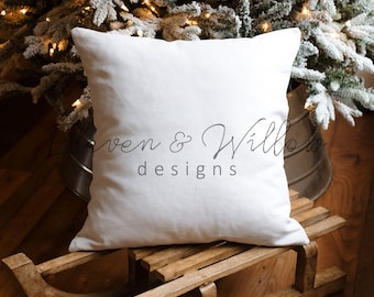 Farmhouse Christmas Pillow Mockup, Square Pillow Christmas Stock Photo, 18x18 Pillow Mock Ups, Moody Christmas Styled Pillow Mockup, JPG