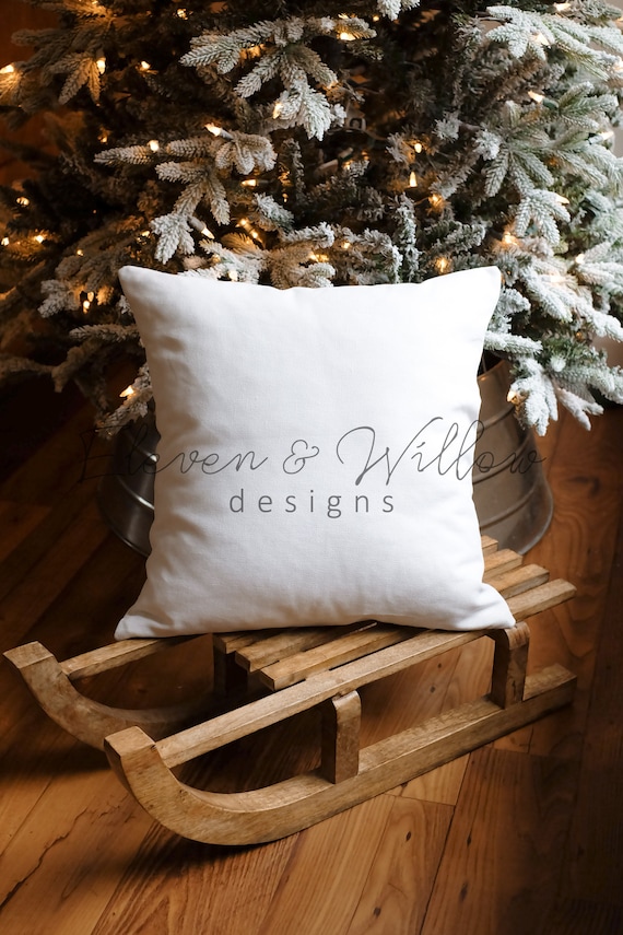 Farmhouse Christmas Pillow Mockup: Square Pillow, Neutral Winter Styled Stock Photo (JPG)