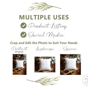 May include: A white pillow on a wooden sled in front of a Christmas tree. The image shows multiple uses for the pillow, including product listing and social media. The text "Crop and Edit the Photo to Suit Your Needs" is displayed below the image. The text "Portrait (Original)", "Landscape", and "Square" are displayed below the three images.