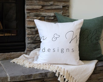 Minimalist Christmas pillow mockup on hearth, neutral pillow mockup Christmas fireplace, cozy Christmas styled pillow mockup canva, JPG File