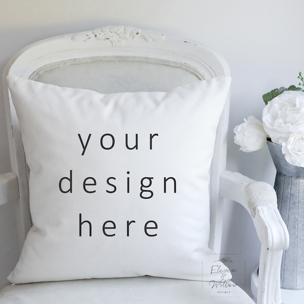 Spring Pillow Mockup, Off White Pillow Mockup, 18x18 Square Pillow Mock Ups, Mockup Pillow, French Country Styled Pillow Stock Photo, JPG