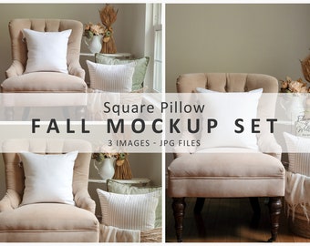 Modern Traditional Fall Pillow Mockup, Square Pillow Stock Photo, 18x18 Pillow Mock Ups, Autumn Styled Pillow Mockup, Real Photo Mockups JPG