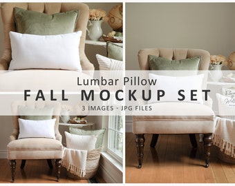 Fall Lumbar Pillow Mockup Set, Rectangle Pillow Stock Photo, 12x20 Pillow Mock Ups, Cozy Autumn Styled Pillow Mockups, Real Photo Mockup JPG