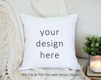 Cozy Styled Pillow Mockup With PSD Smart Object, Pillow Cover Mock Ups, 18x18 Sublimation Pillow Stock Photo, Lifestyle POD Mockup, JPG