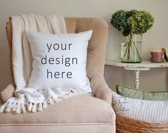 Spring Pillow Mockup, Modern Traditional 18x18 Pillow Mock Ups, Transitional Styled Photo Mockup POD Sublimation Pillow Stock Photo, JPG