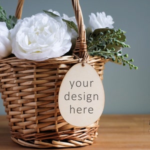 Wood Egg Basket Tag Mockup, Wood Egg Ornament Mock Up, Easter Mock Ups, Neutral Easter Basket Name Tag, Wood Egg Cut Outs Stock Photo, JPG