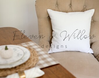 Fall Dining Room Pillow Mockup, Thanksgiving Square Pillow Stock Photo, 18x18 Pillow Mock Ups, Cozy Pillow Mockups, Real Photo Mockup JPG