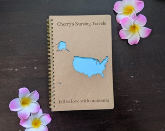 Diario de viaje de EE. UU., Regalo de viaje con mapa de EE. UU., Cuaderno de bocetos de viaje para autocaravana, Diario de camping, Cuaderno de aniversario de viaje, Libro de recuerdos de luna de miel