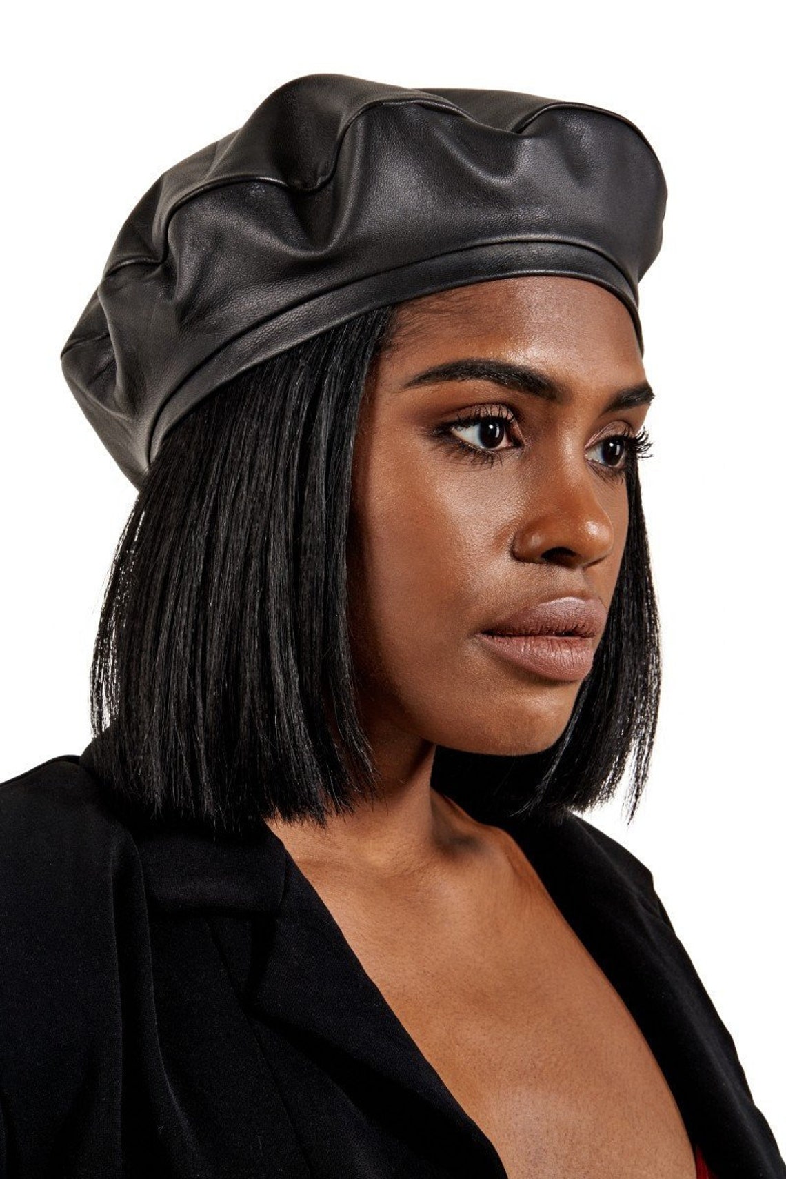 black leather beret hat