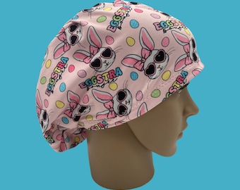 Eggstra boujee scrub  hat, Easter euro style scrub cap, pink bunny surgical cap