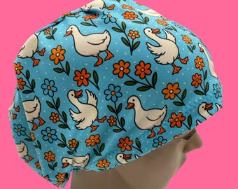 Silly Goose scrub hat, Spring flowers euro style scrub cap, farm animal surgical cap