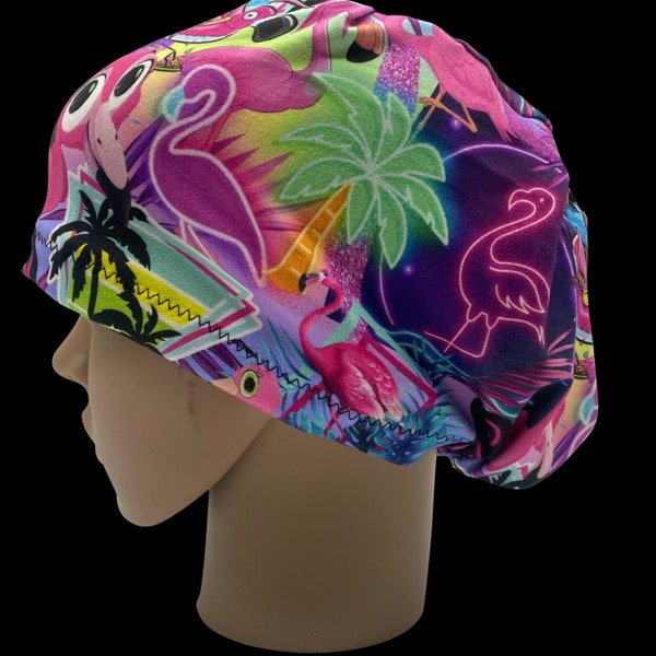 Pink flamingo scrub cap, soft euro style scrub hat, summer vibes surgical cap