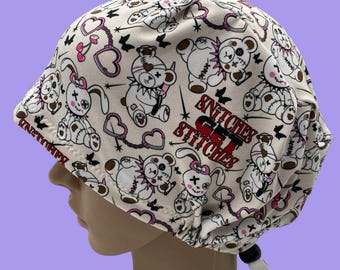 Snitches get Stitches scrub hat,  teddy bear euro style scrub cap, funny surgical cap