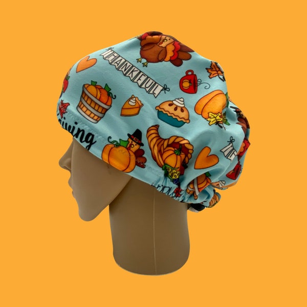 Thanksgiving  scrub cap, stretchy Turkey euro style scrub hat, fall surgical hat