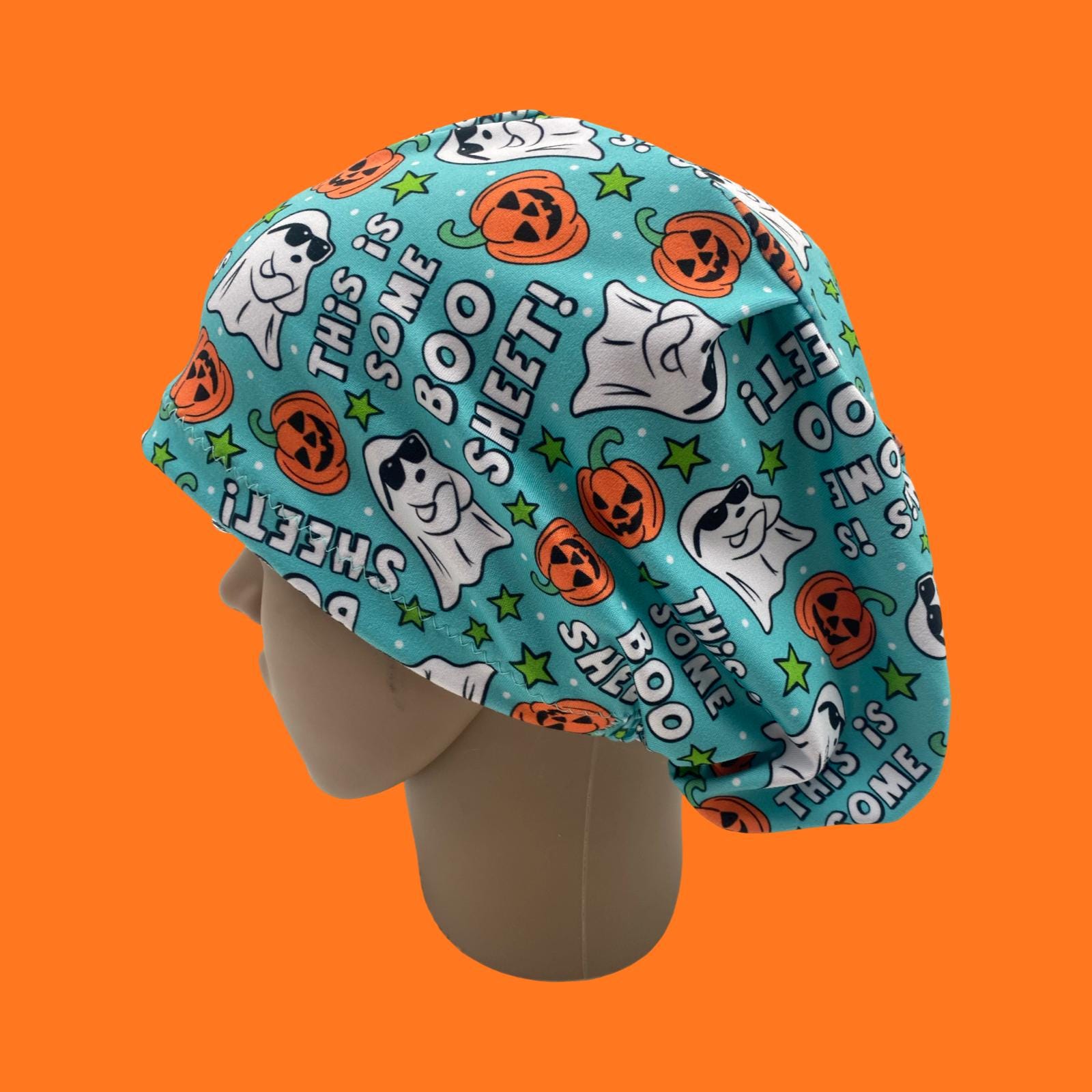 Boo sheet scrub hat, Halloween ghost  euro style scrub cap, cute pumpkin  surgical cap
