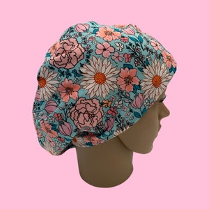 Spring flower scrub hat/ blue euro style scrub cap, summer surgical cap