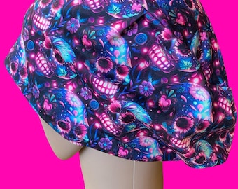 Sugar Skull scrub hat, fun euro style scrub cap, Gothic surgical cap