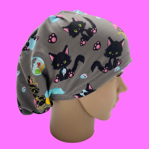 Bad kitty scrub cap, soft euro style scrub hat, stretchy cat surgical hat