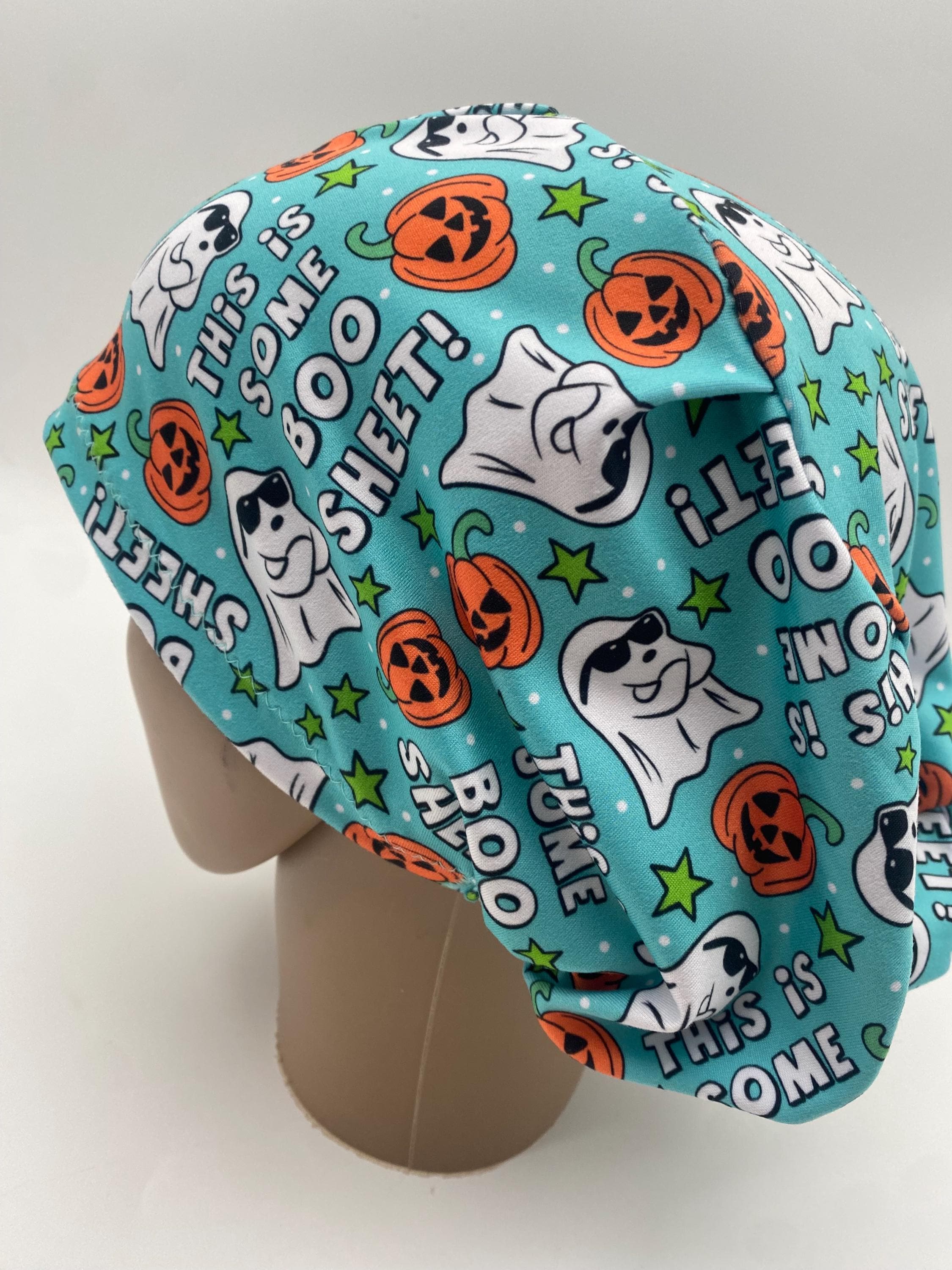 Boo sheet scrub hat, Halloween ghost  euro style scrub cap, cute pumpkin  surgical cap