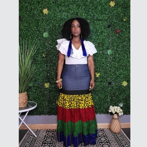 Jupe de créateur d'impression africaine, jupe d'ankara, jupe en jean africaine, jupe à volants d'ankara, robe évasée, jupe élégante, jupe évasée, mode africaine