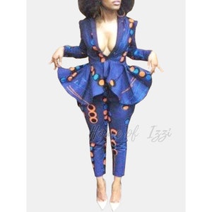 NuVu Jacket with Peplum and Pants, clothing,pant suit, African Print, classy top and pants,black friday deals pantsuit,Arican print jacket.