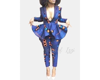 NuVu Jacket with Peplum and Pants, clothing,pant suit, African Print, classy top and pants,black friday deals pantsuit,Arican print jacket.