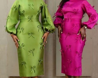 Handmade Mikado Bow Dress, Ruffle Balloon Sleeve, Wedding Guest