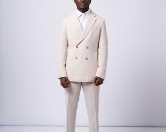 Conjunto de chaqueta y pantalón a medida para hombre en lino beige, ropa para hombre, tendencias de verano, moda masculina, hombre africano moderno, hecho en África, traje para hombre